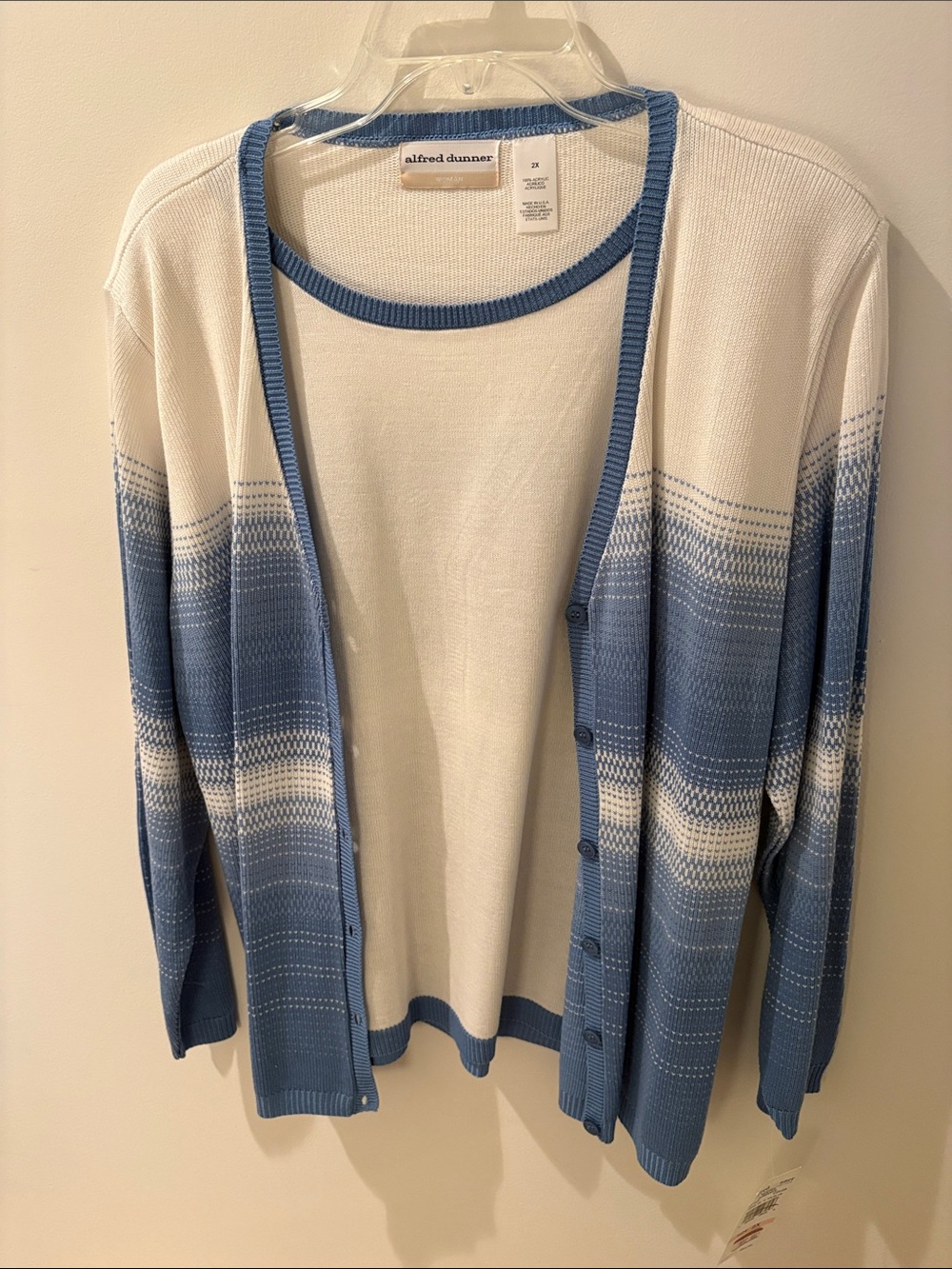 Alfred Dunner Blue and White Gradient Stripe Cardigan